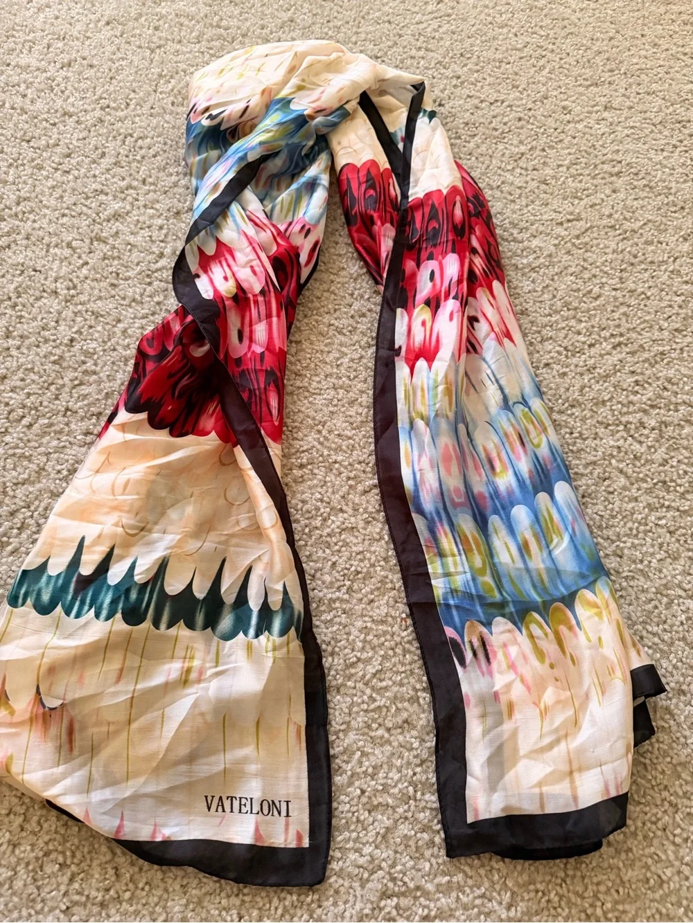 VATELONI Feather Print Silk Scarf in Red, Blue, Green, Cream